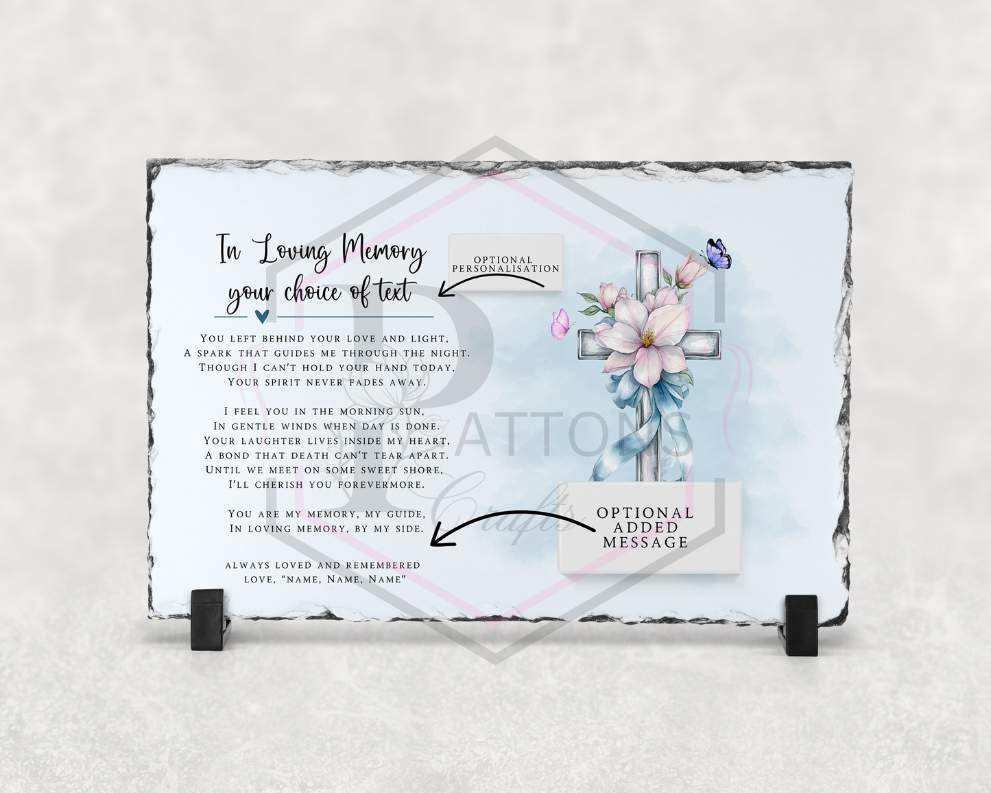 Memorial Slate | Blue cross and flowers