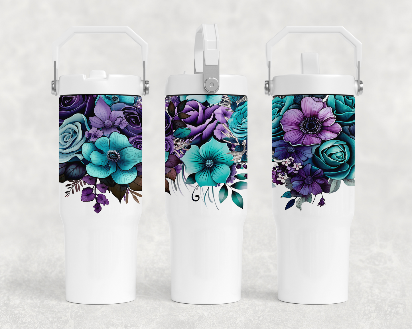 30oz all white tumbler | Handle lid | Bold Flowers design