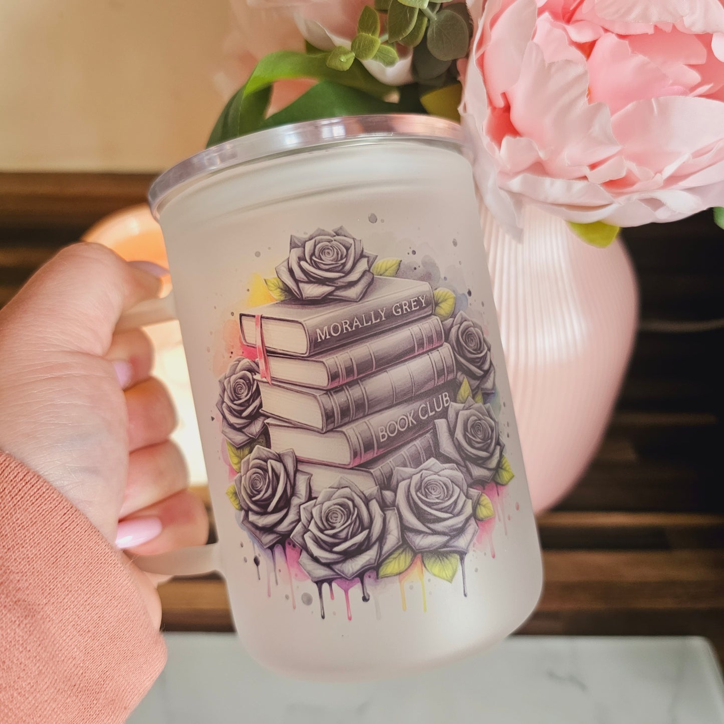 Frosted glass tumbler | Morally grey book club | Frosted cup with handle