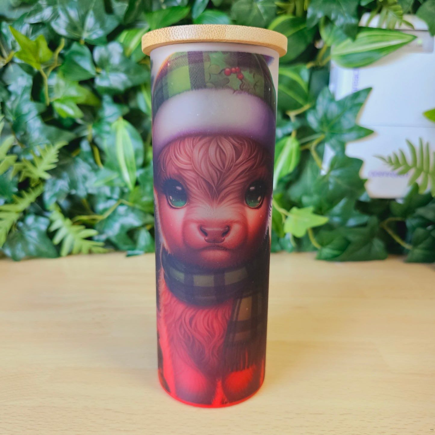 Red frosted glass tumbler | Highland cow