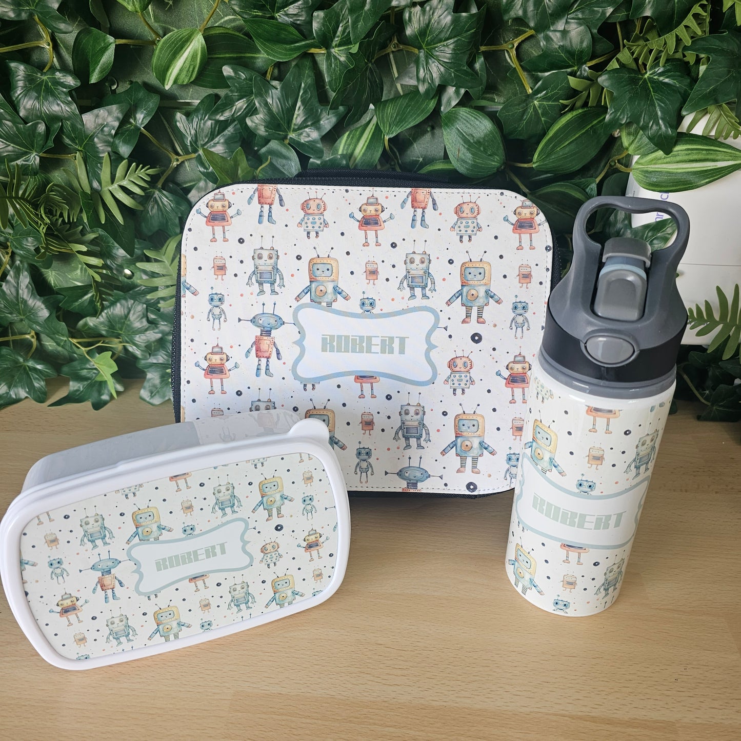 Robot Lunch box set | Personalised with Name ROBERT