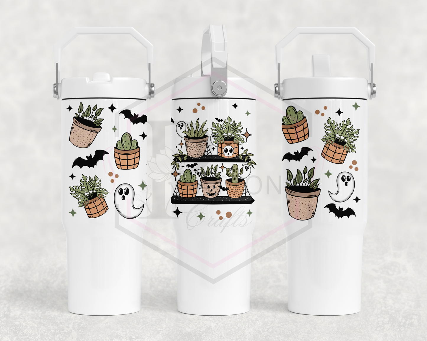 30oz All white tumbler | Handle lid | Spooky Plants