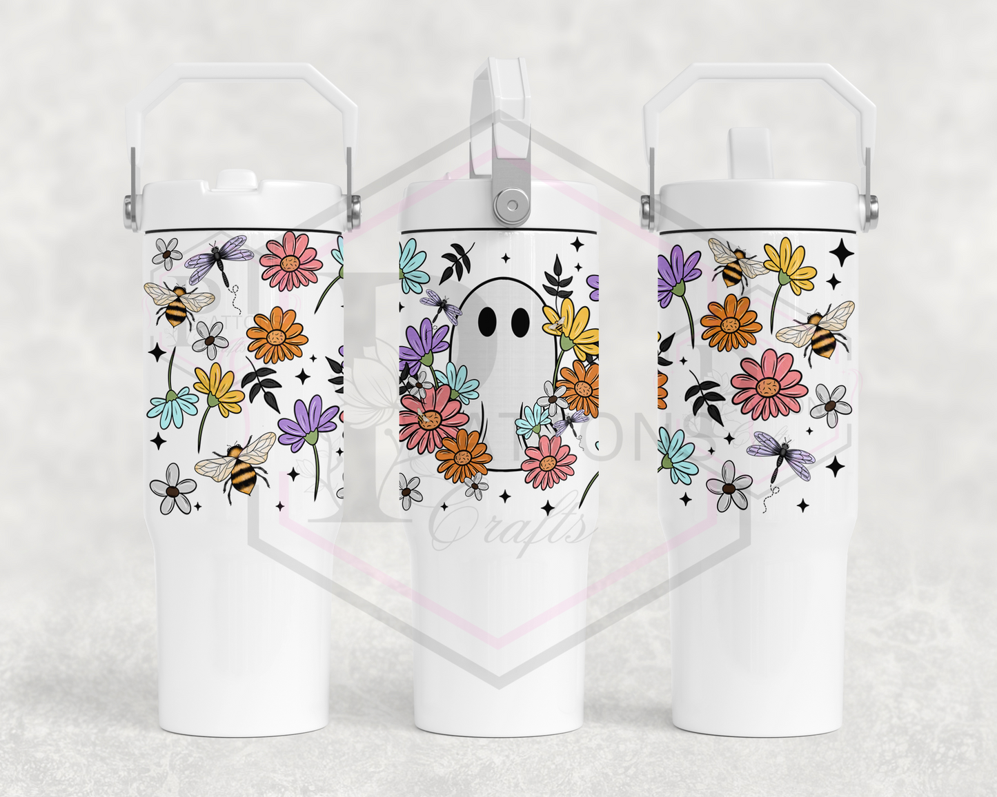 30oz flip lid tumbler | Handled lid | Floral ghostie