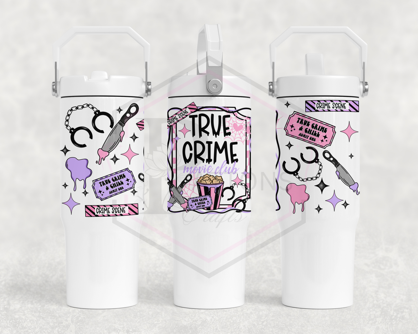 30oz All white tumbler | Handle lid | True Crime Movie Club