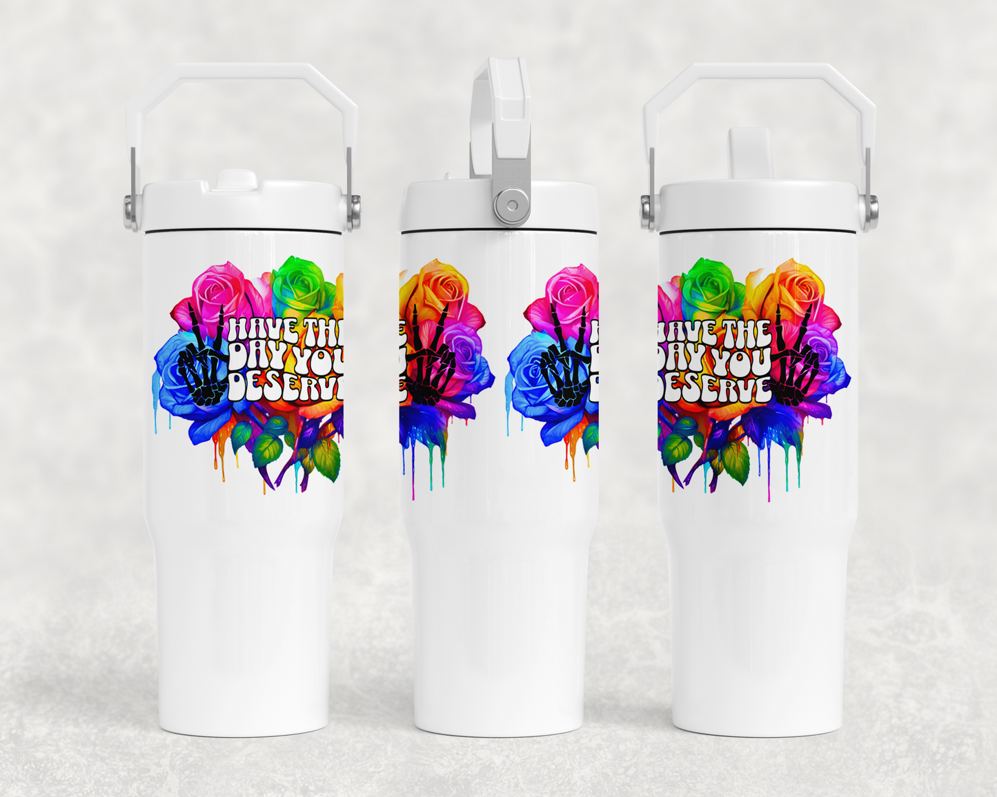 30oz All white water bottle | Handle lid | Neon roses Design