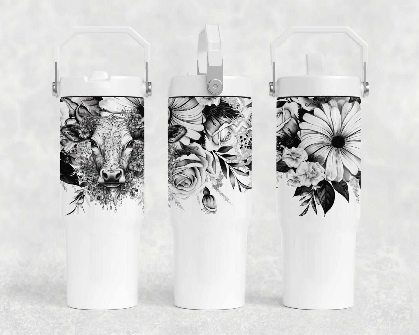 30oz All white water bottle | Handle lid | Floral Cow design