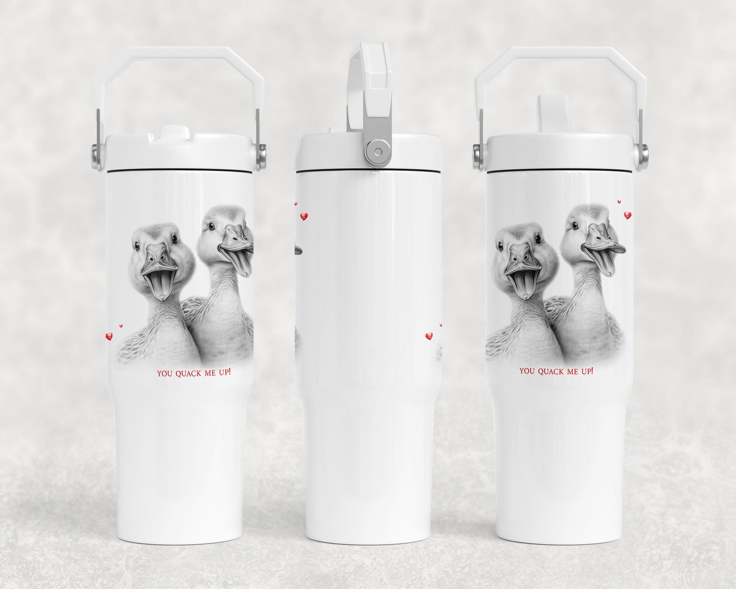 30z all white tumbler | Handle lid | Duck 'You quack me up' design