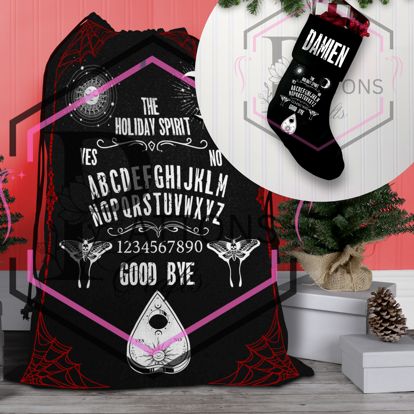 Personalised Black Sack & Stocking SET | The Holiday spirirt