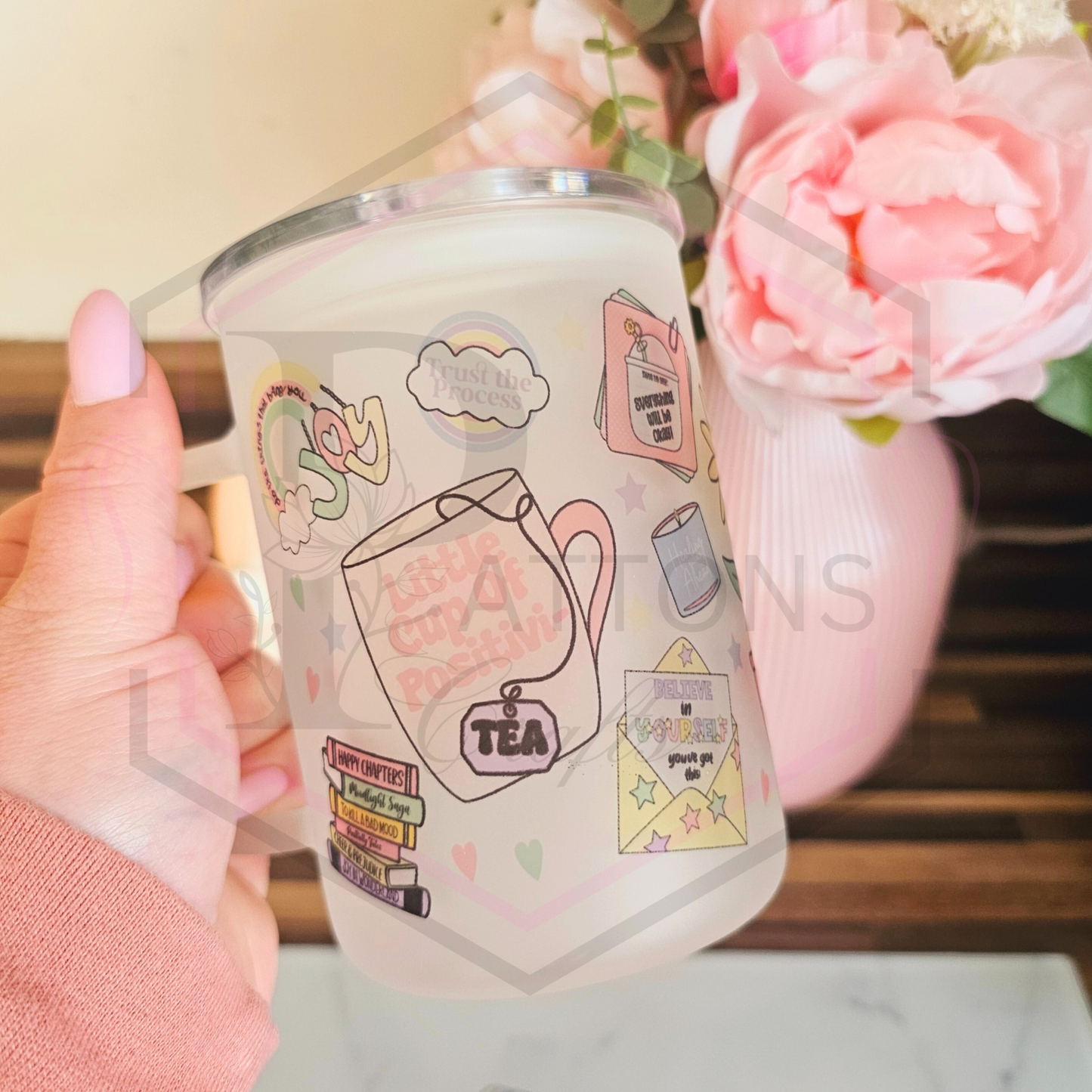 Frosted glass tumbler | Positive vibes | Frosted cup with handle