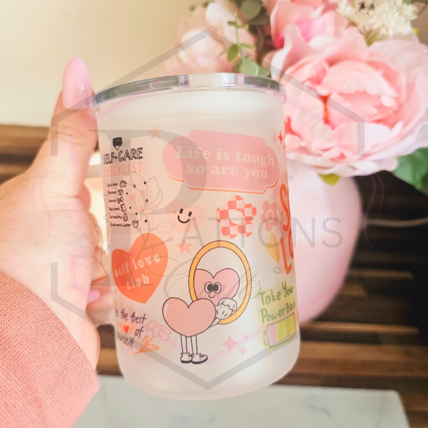 Frosted glass tumbler |  Self love  | Frosted cup with handle