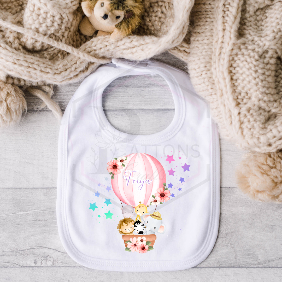 Personalised baby bib | Pink safari animals dribble catcher