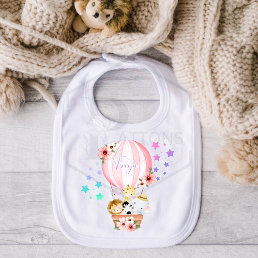 Personalised baby bib | Pink safari animals dribble catcher