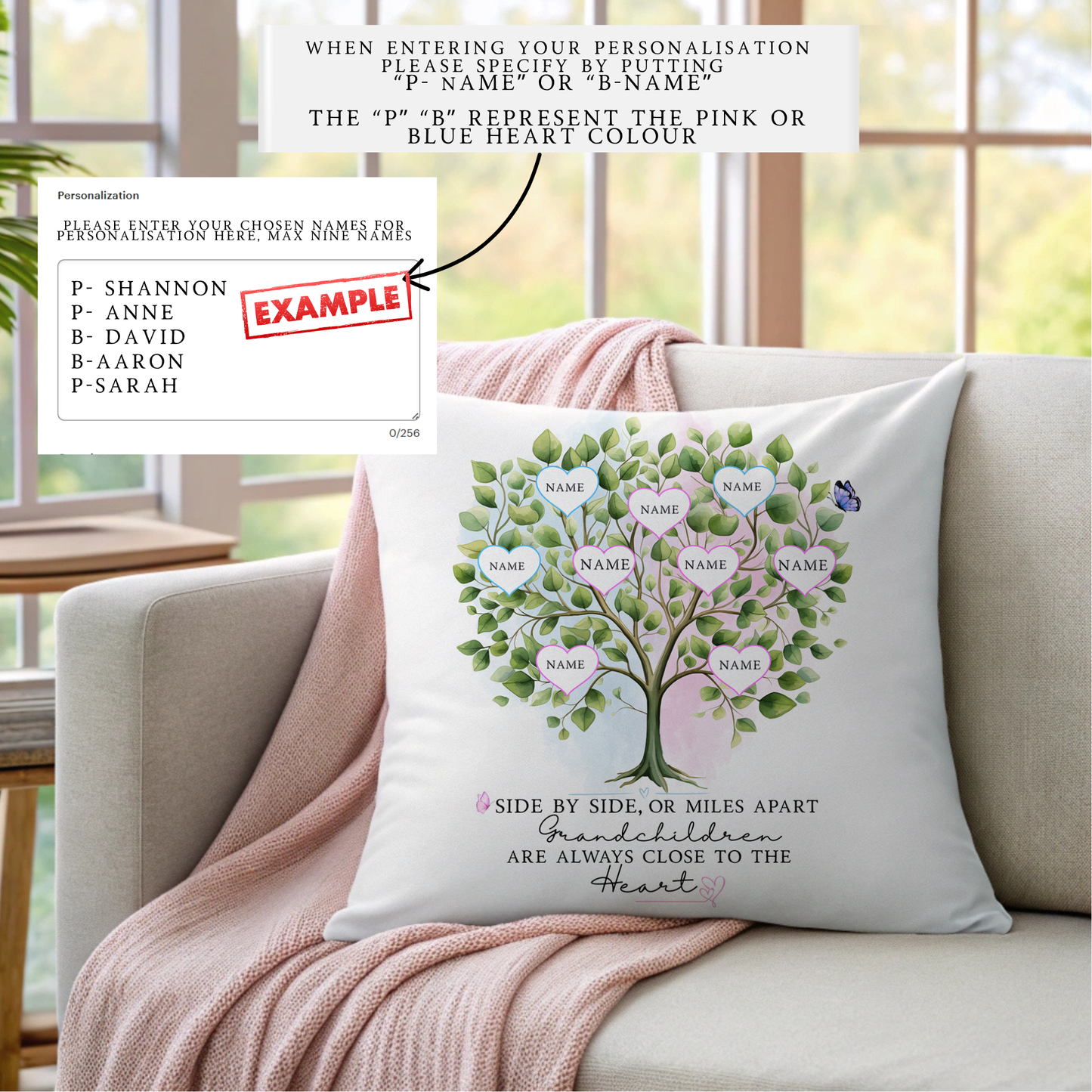Personalised Grandchildren Family Tree Cushion 40x40cm – Custom Names Cushion
