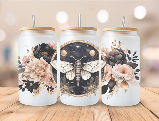 16oz Frosted tumbler | Bamboo lid and straw | Floral Moth design