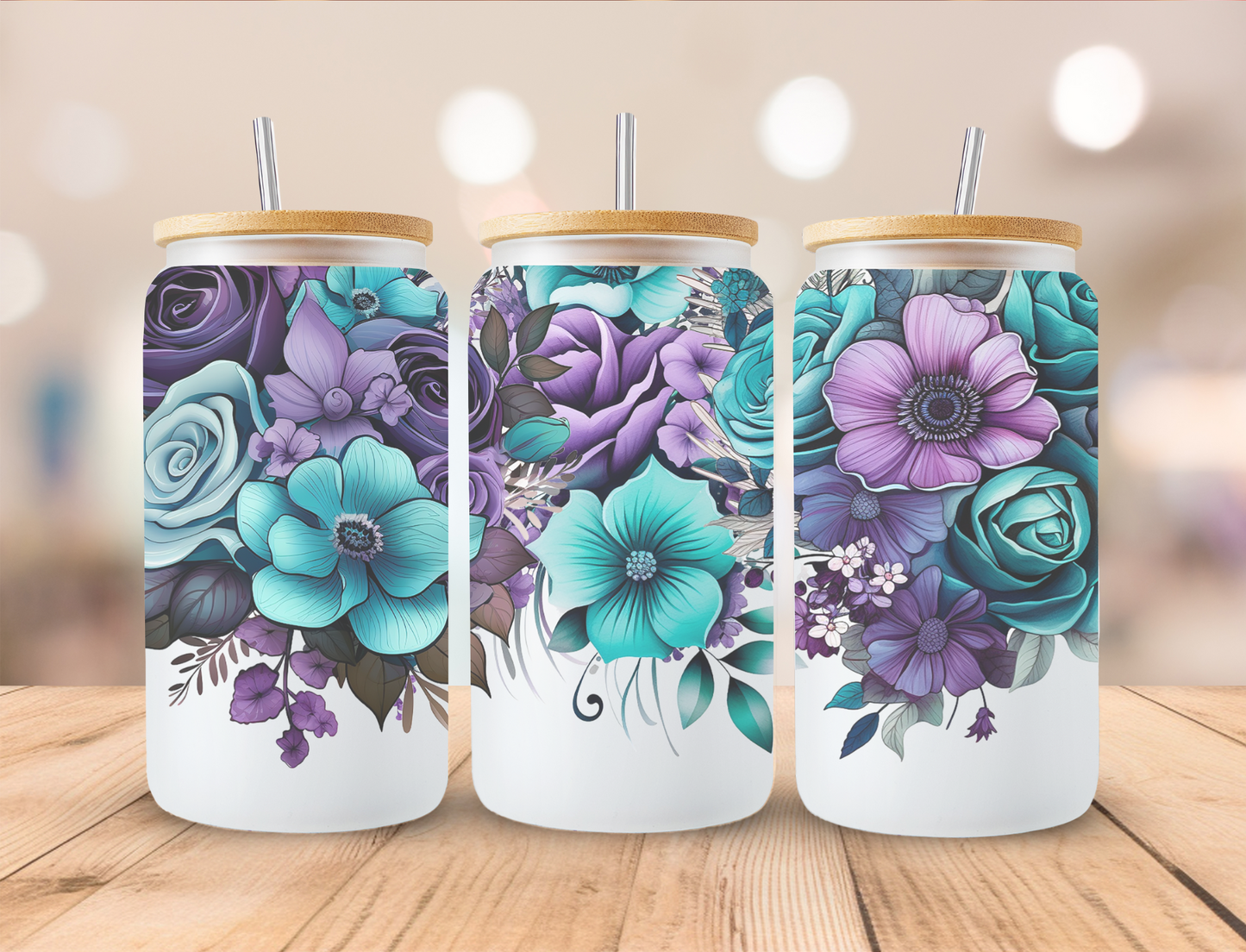 16oz Frosted tumbler | Bamboo lid and straw | Bold flower design