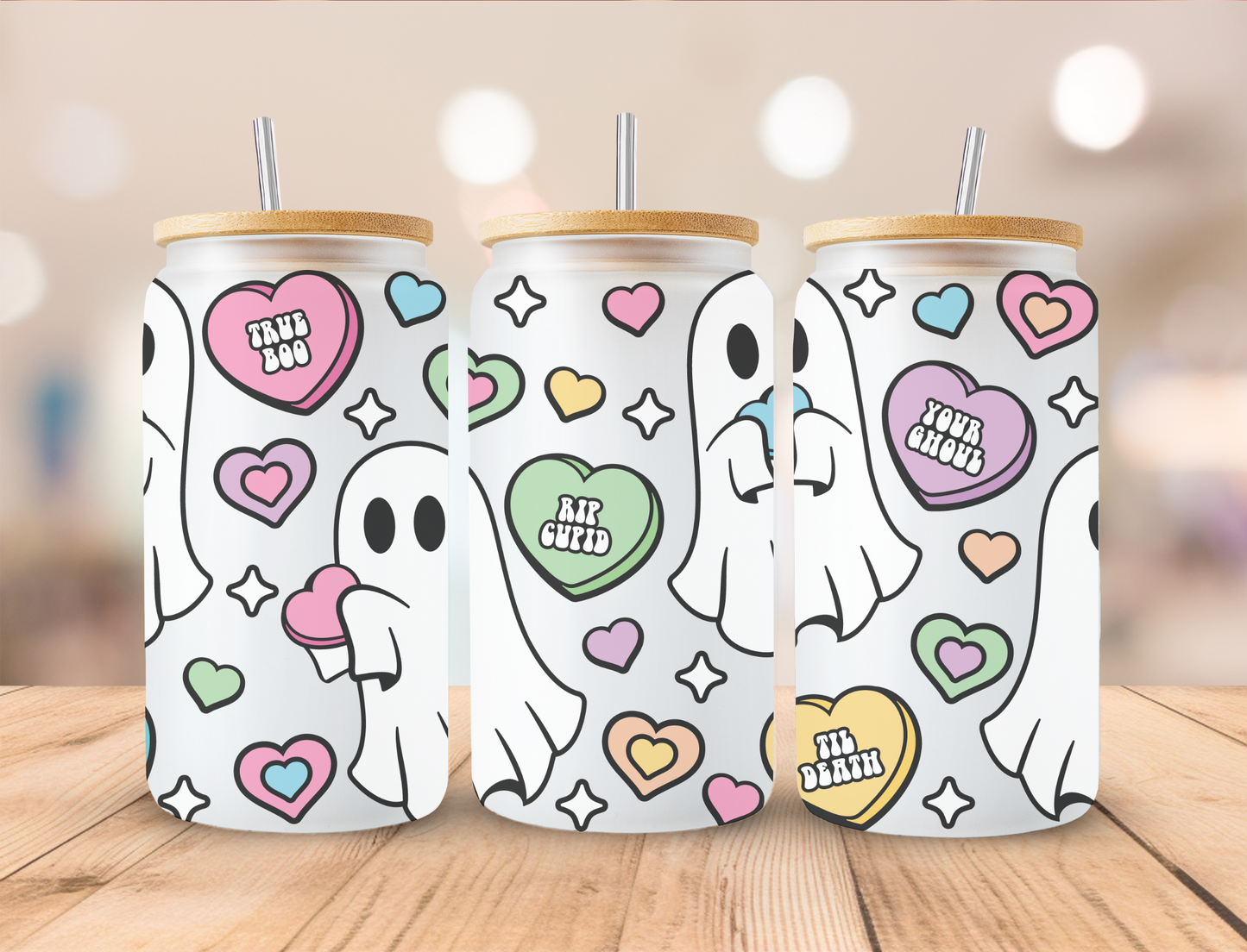 16oz Frosted Tumbler | Bamboo lid and straw | Love heart Ghostie