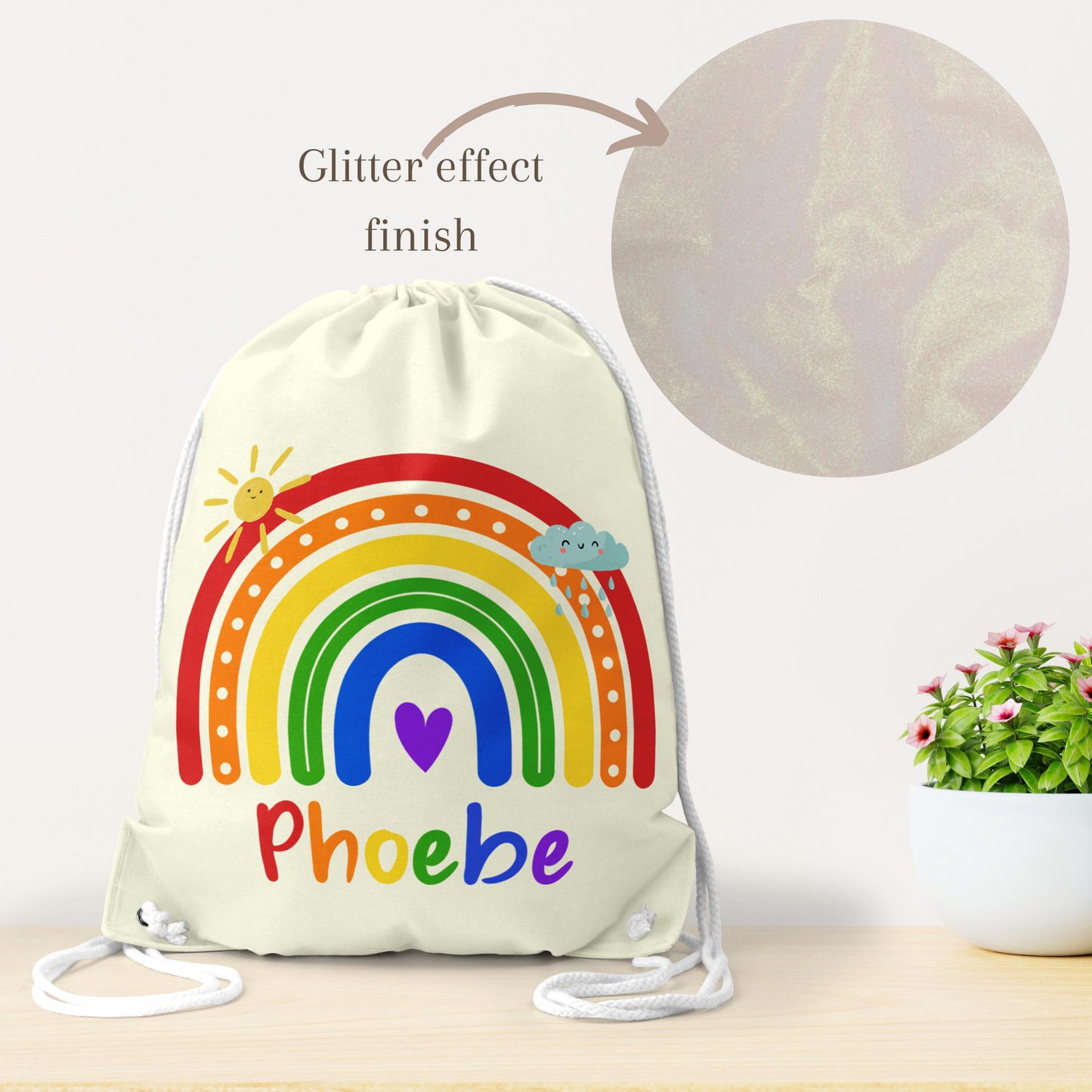 Personalised Drawstring bag | Glitter effect bag | Rainbow bag