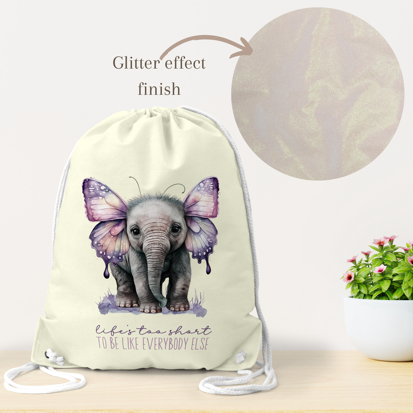 Personalised drawstring bag | Elephant glitter bag