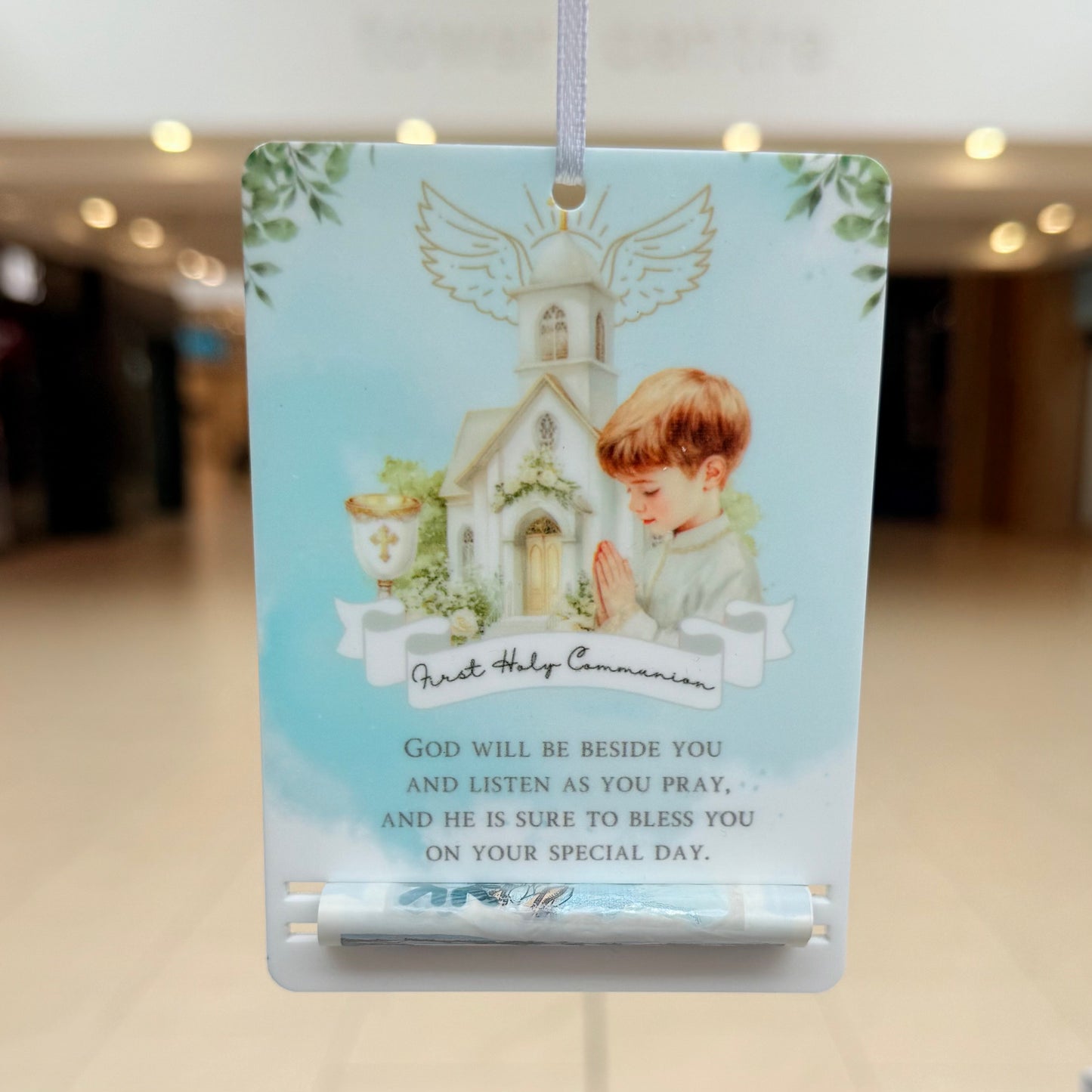 First Holy Communion Acrylic Money Holder Tag – Custom Name Keepsake Gift with Prayer Verse | boys Holy Communion Gifting