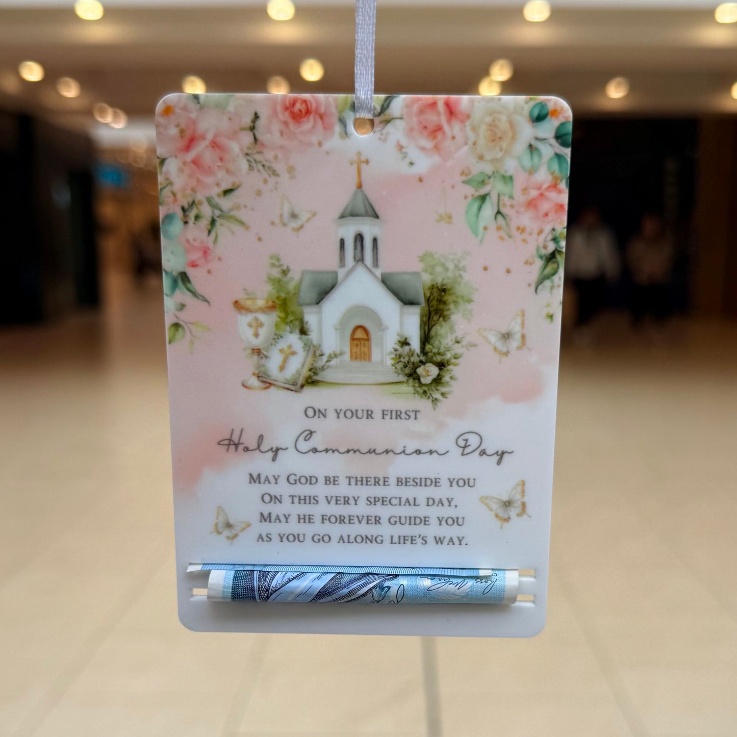First Holy Communion Acrylic Money Holder Tag – Custom Name Keepsake Gift with Prayer Verse | Girls Holy Communion Gifting