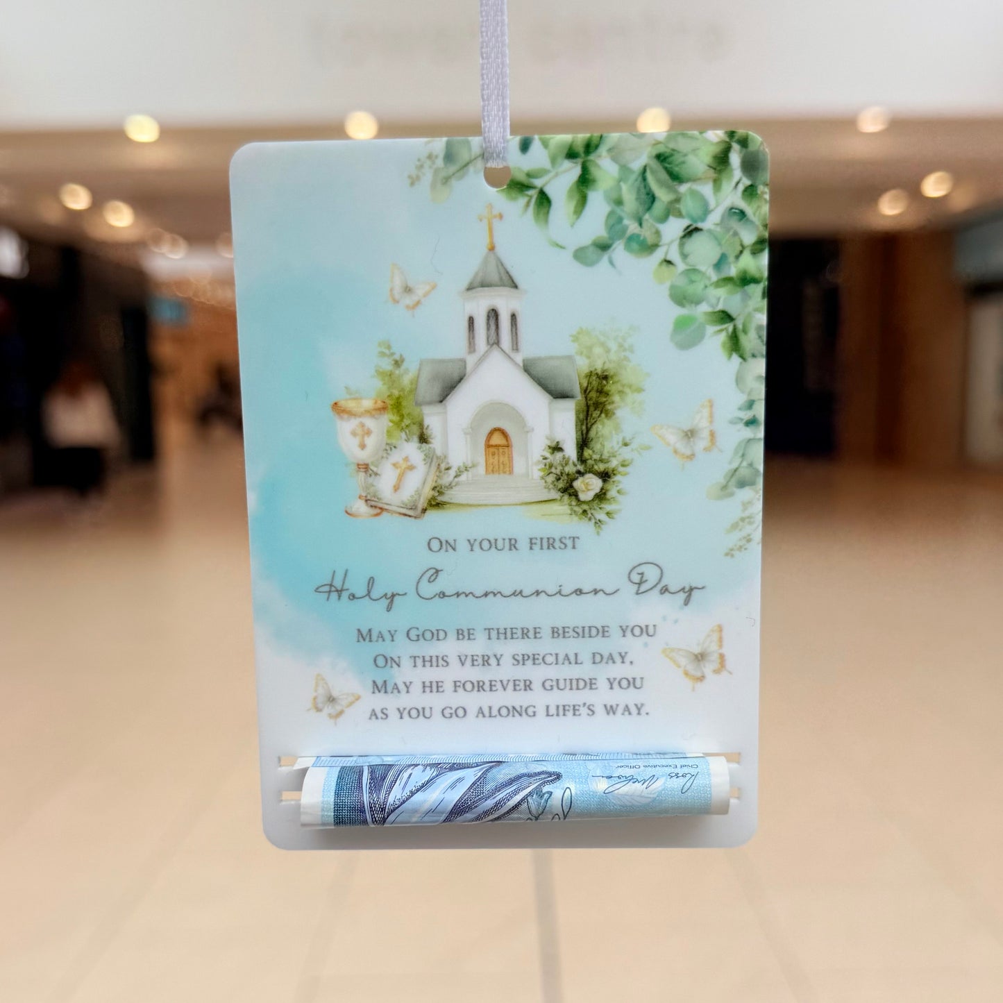 First Holy Communion Acrylic Money Holder Tag – Custom Name Keepsake Gift with Prayer Verse | boys Holy Communion Gifting