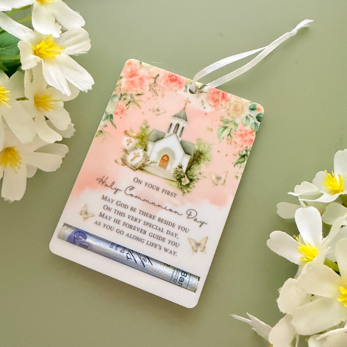 First Holy Communion Acrylic Money Holder Tag – Custom Name Keepsake Gift with Prayer Verse | Girls Holy Communion Gifting
