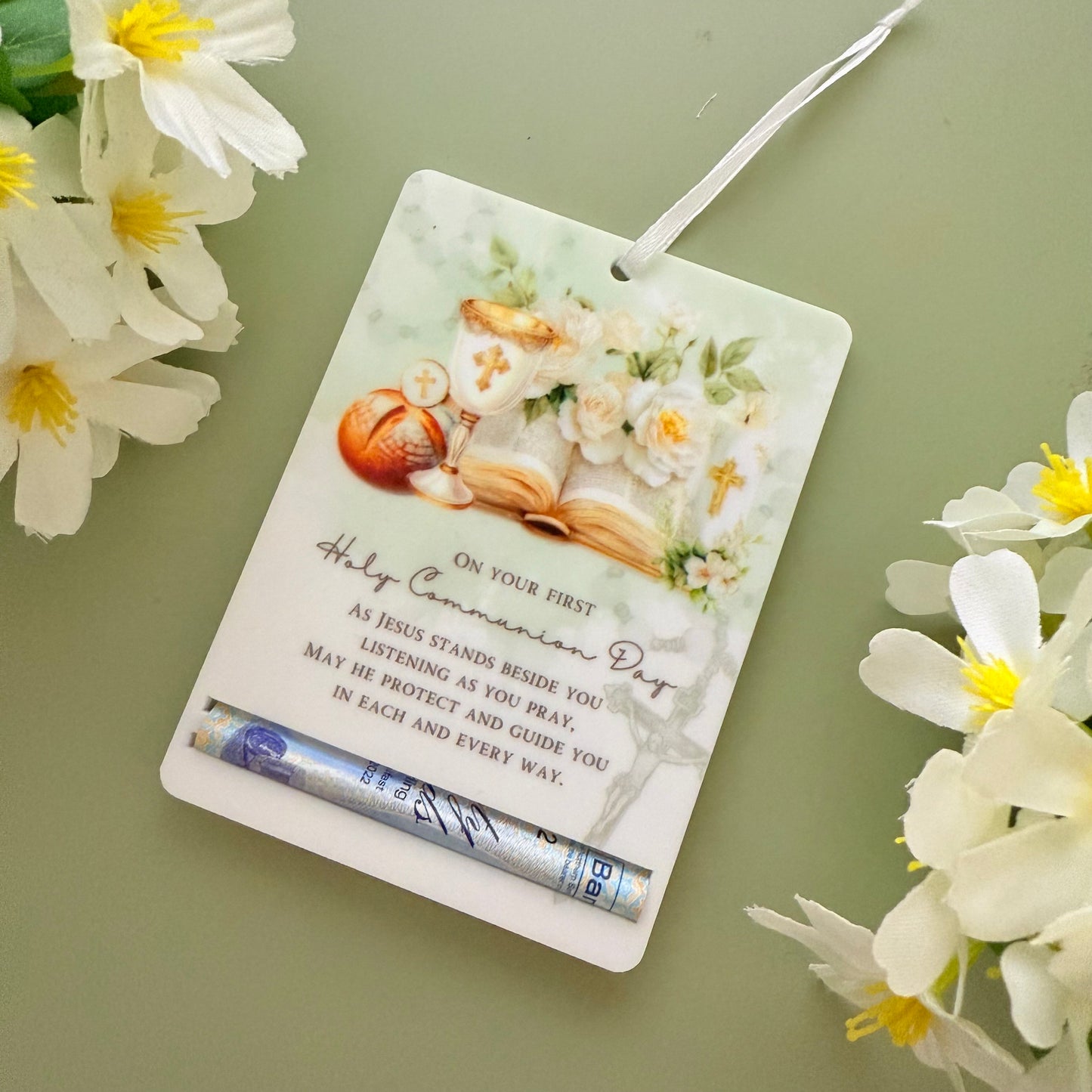 First Holy Communion Acrylic Money Holder Tag – Custom Name Keepsake Gift with Prayer Verse |  Holy Communion Gifting