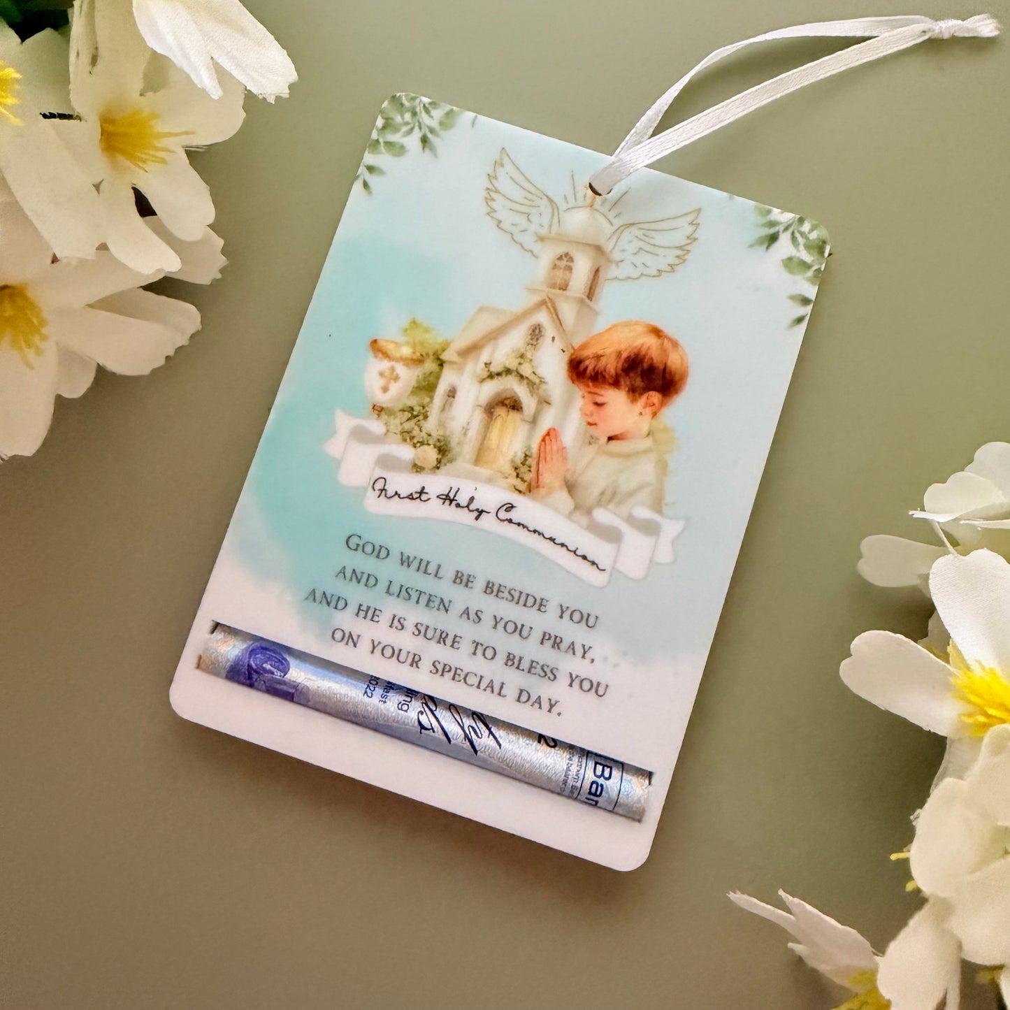 First Holy Communion Acrylic Money Holder Tag – Custom Name Keepsake Gift with Prayer Verse | boys Holy Communion Gifting
