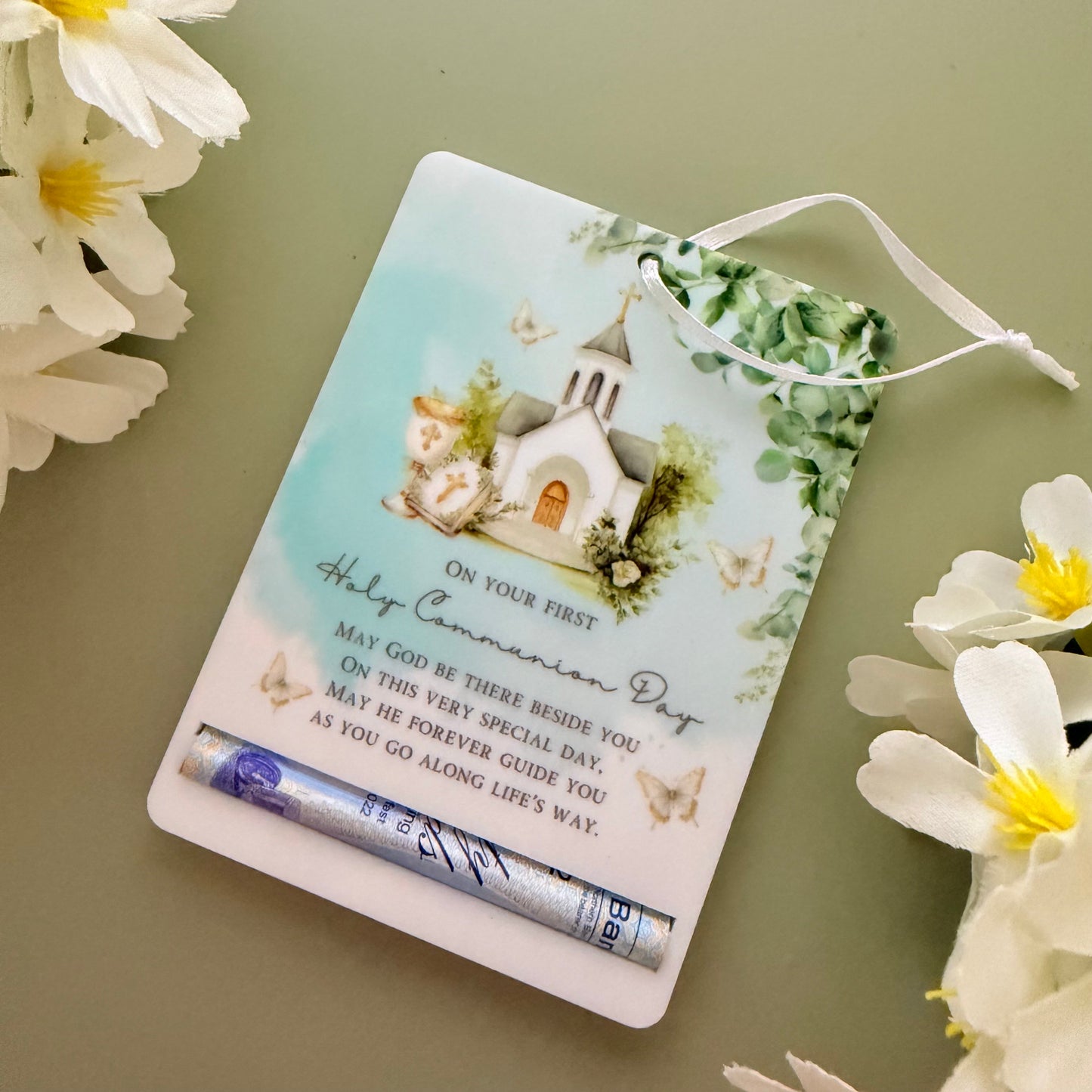 First Holy Communion Acrylic Money Holder Tag – Custom Name Keepsake Gift with Prayer Verse | boys Holy Communion Gifting