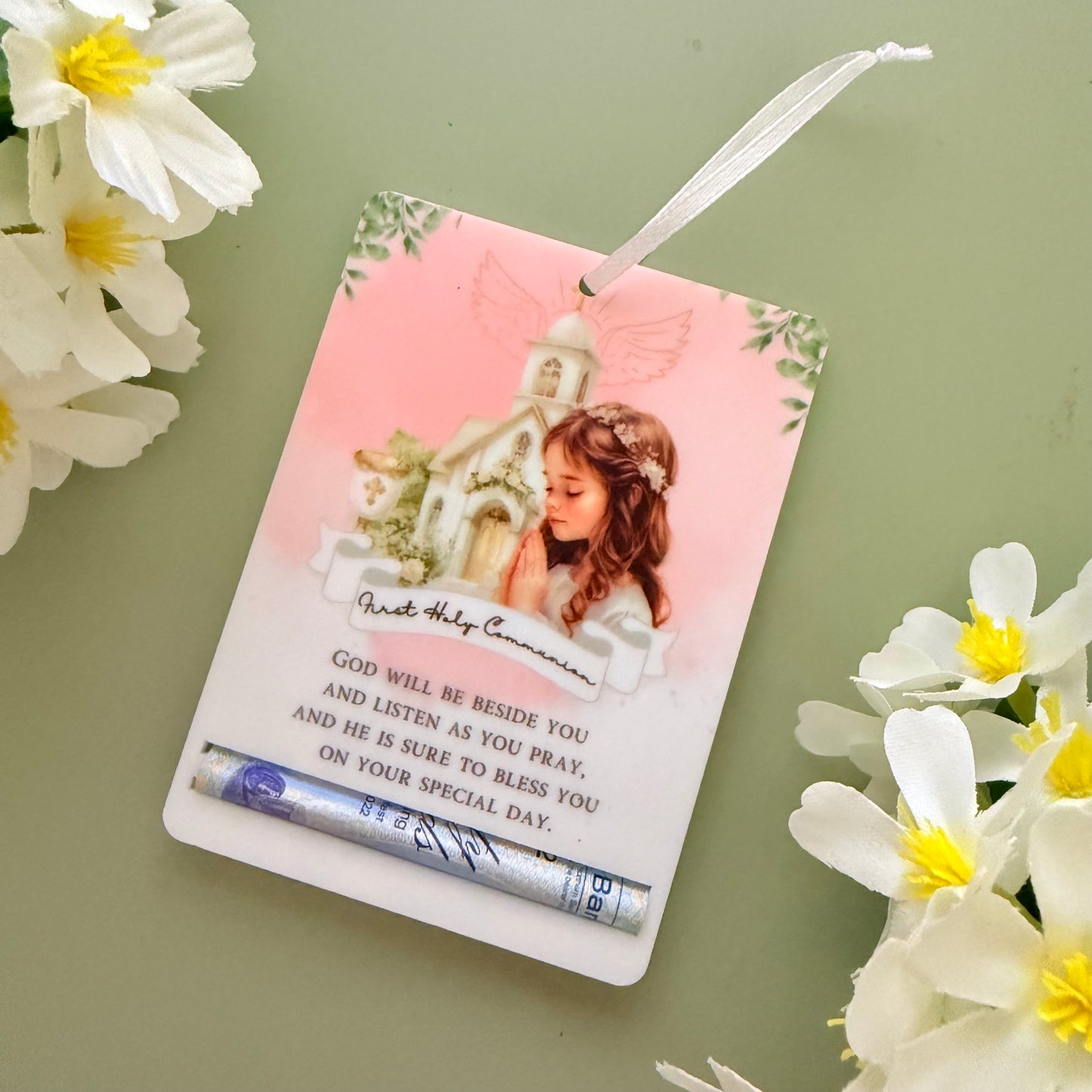 First Holy Communion Acrylic Money Holder Tag – Custom Name Keepsake Gift with Prayer Verse | Holy Communion Gifting |communion