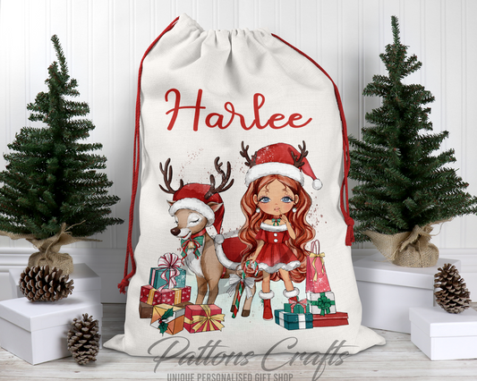 Personalised Santa Sack | Christmas girl & Reindeer | Christmas Sack