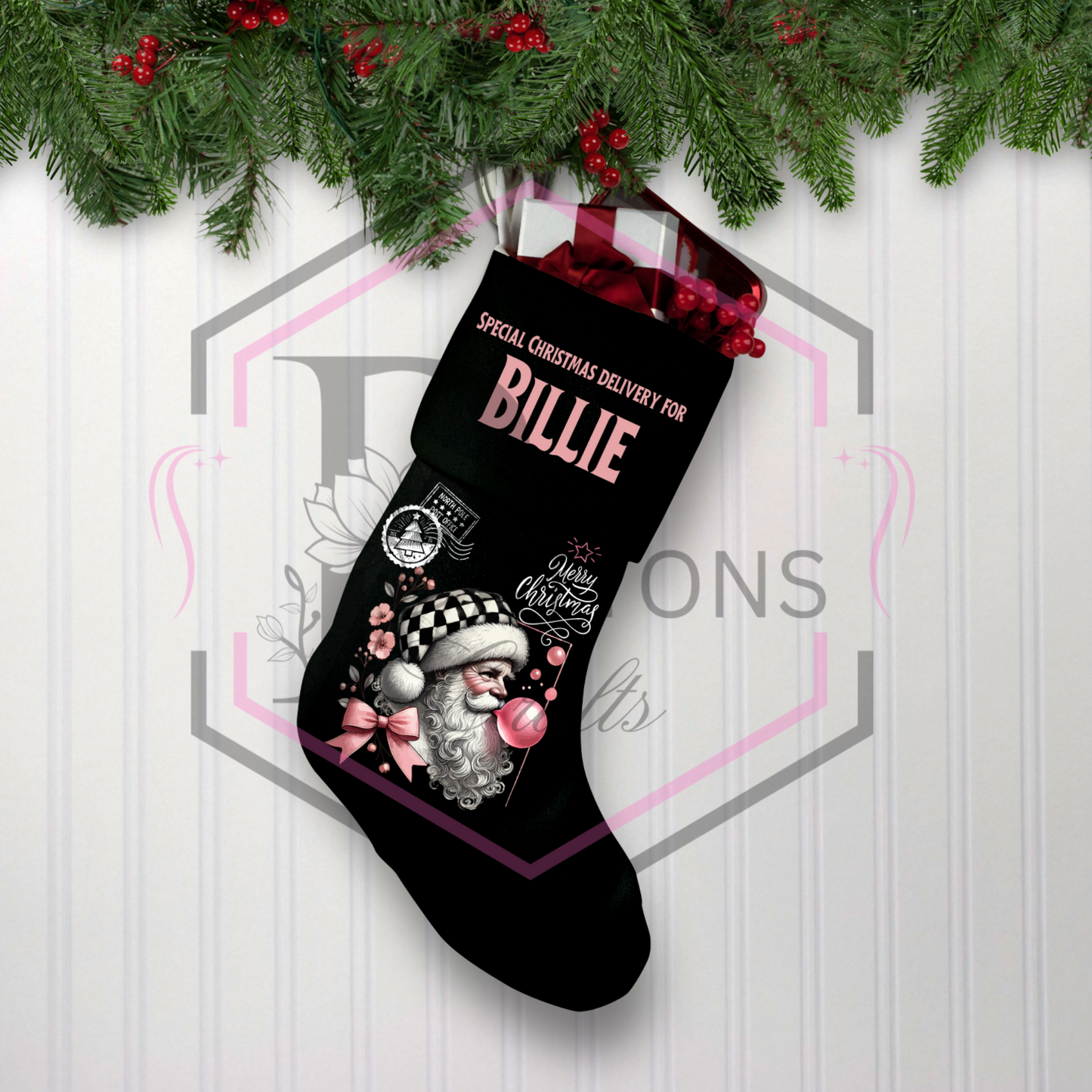 Personalised Black Christmas stocking | Bubblegum santa