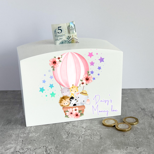 Wooden money box | Pink safari animal money box