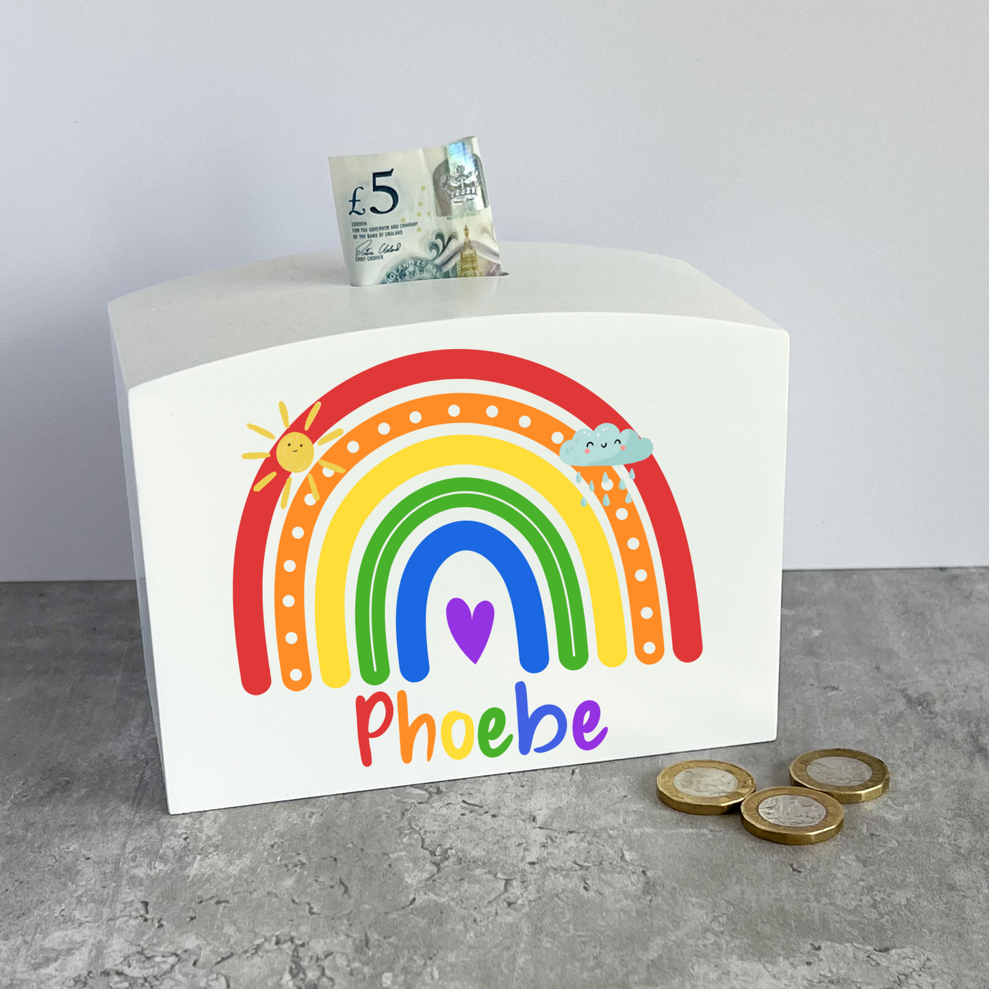 Wooden money box | personalised rainbow money box