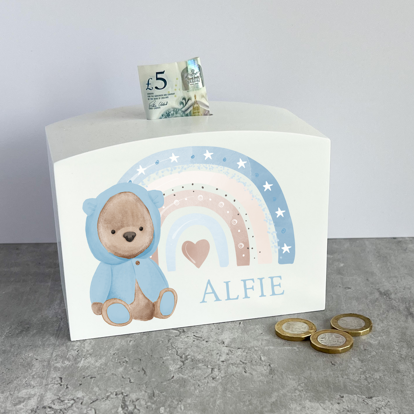 Wooden box | Blue teddy money box