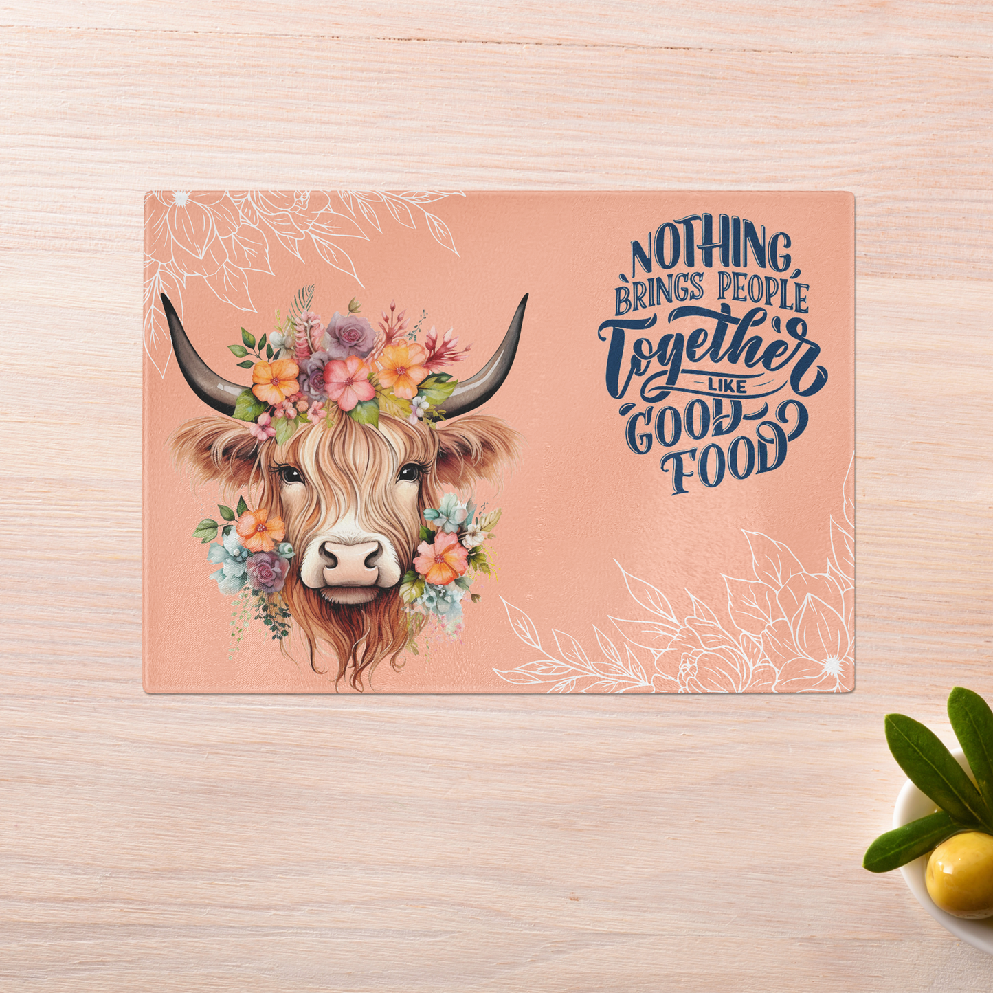 Highland cow Chopping board | Good food quote worktop saver