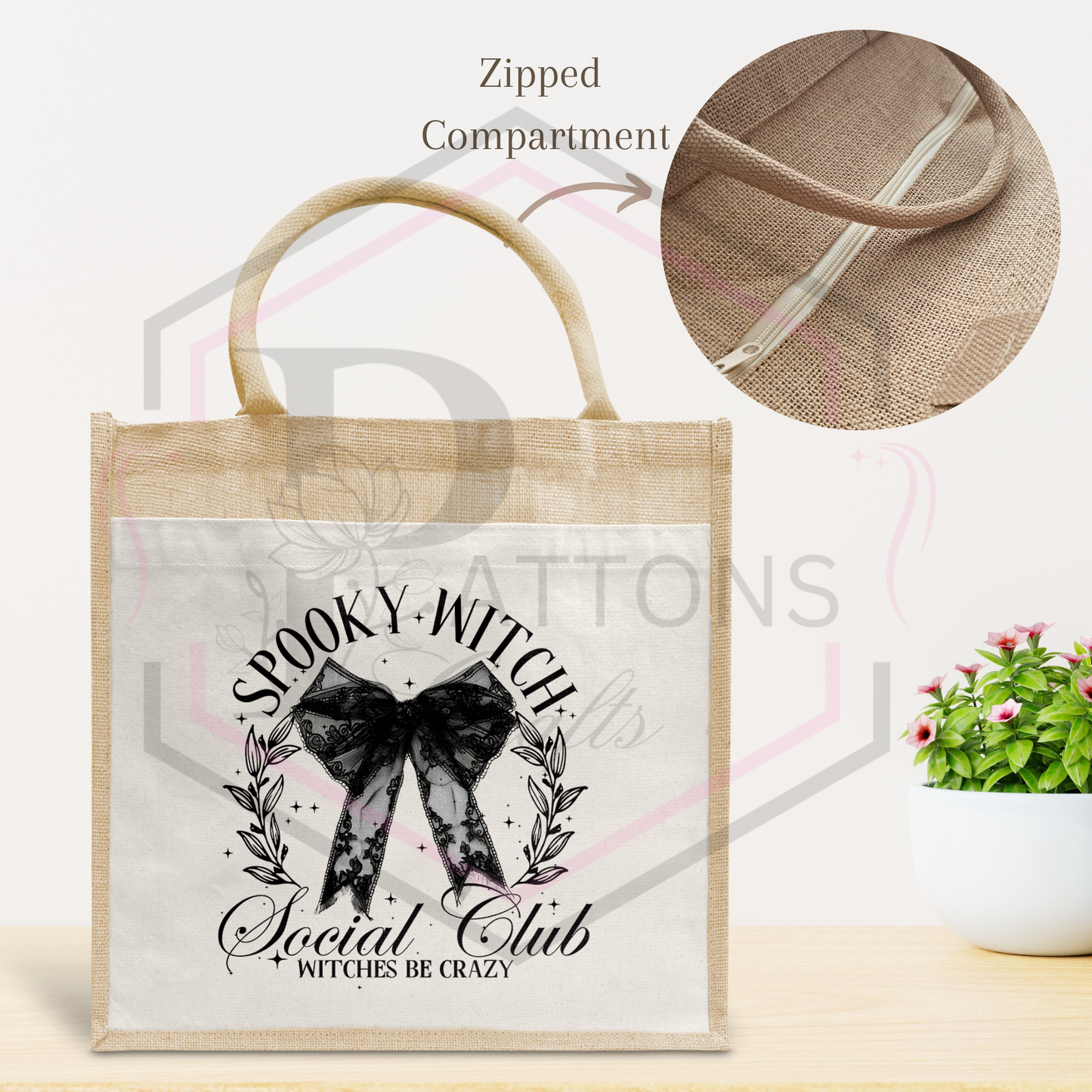 Jute Tote bag | Tote bag with zipped compartment | Spooky Witch Club