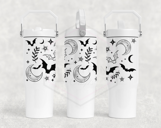 30oz All white tumbler | Handle lid | Bat moon