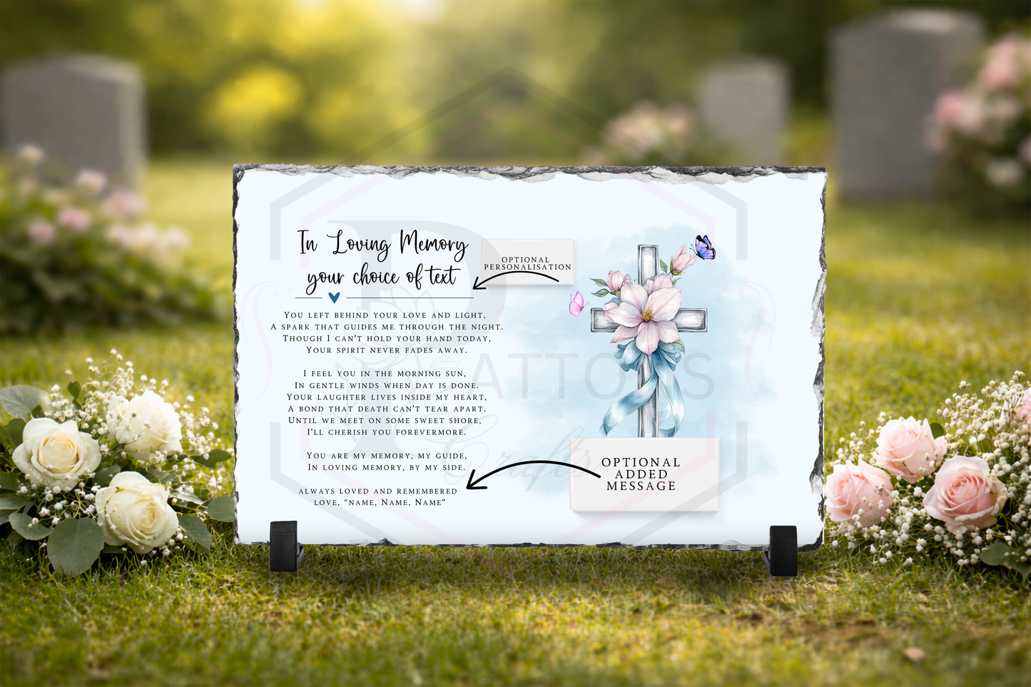 Memorial Slate | Blue cross and flowers