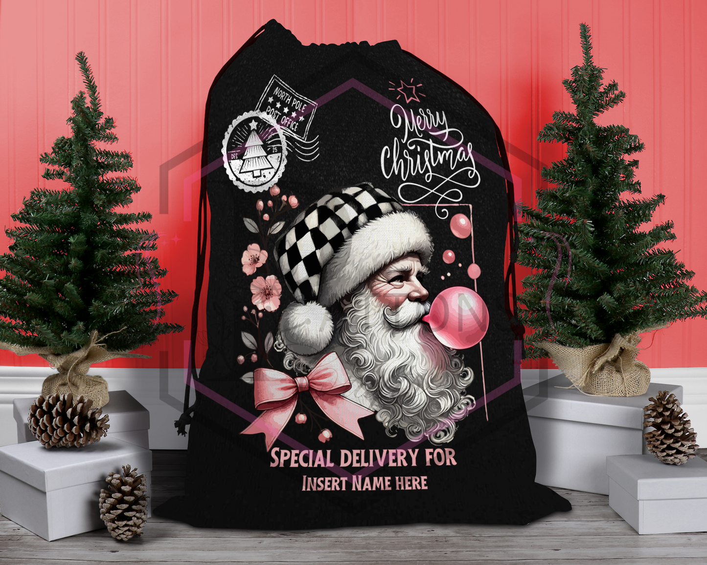 Personalised Black Christmas Sack | Bubblegum Santa