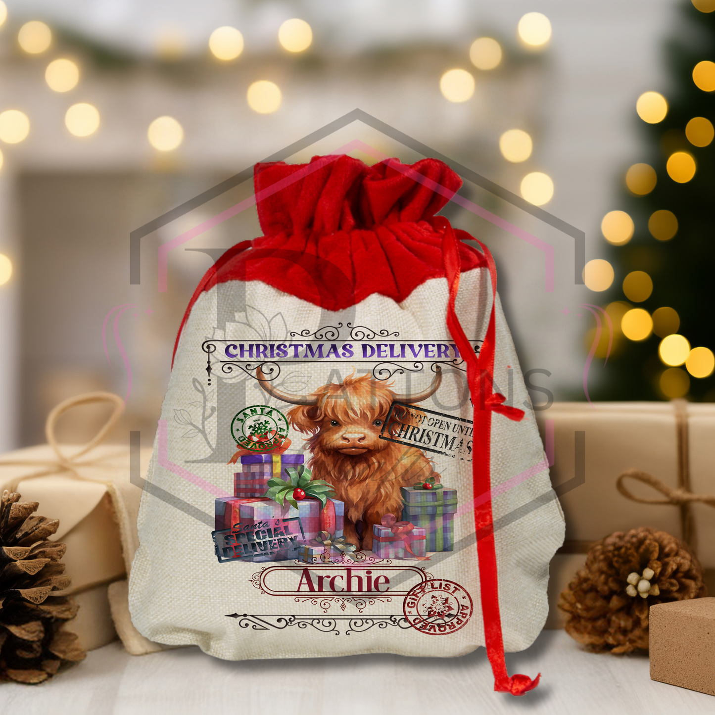 Mini Christmas Sack | Festive Cow | Personalised Gift Bag