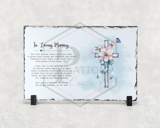 Memorial Slate | Blue cross and flowers