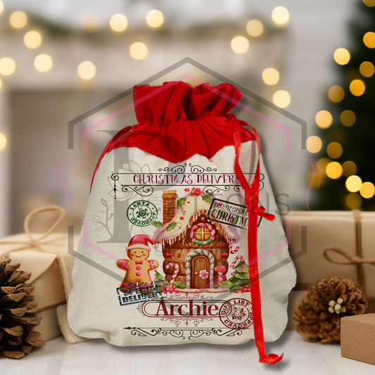 Mini Christmas Sack | Gingerbread houses | Personalised Gift Bag