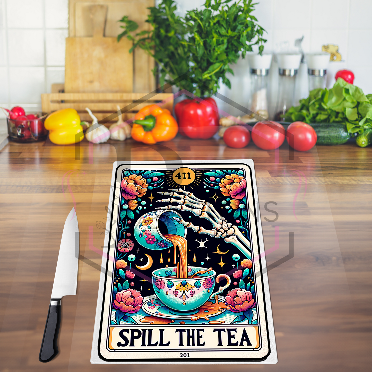 Chopping board | Spill the Tea | Glass Worktop Saver