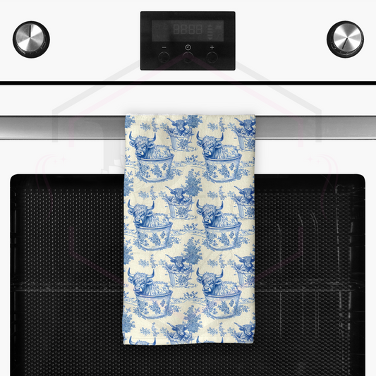 Tea towel | Vintage blue floral print | Highland cow