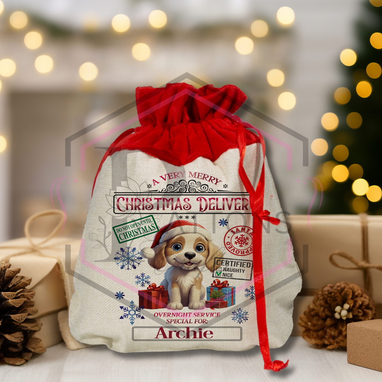 Mini Christmas Sack | Festive Puppy | Personalised Gift bag