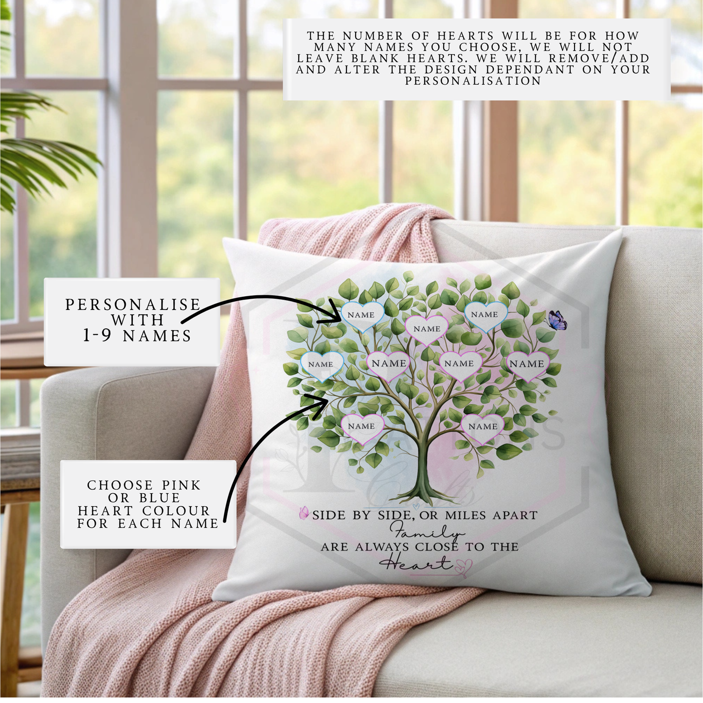 Personalised Family Tree Cushion 40x40cm – Side by Side or Miles Apart