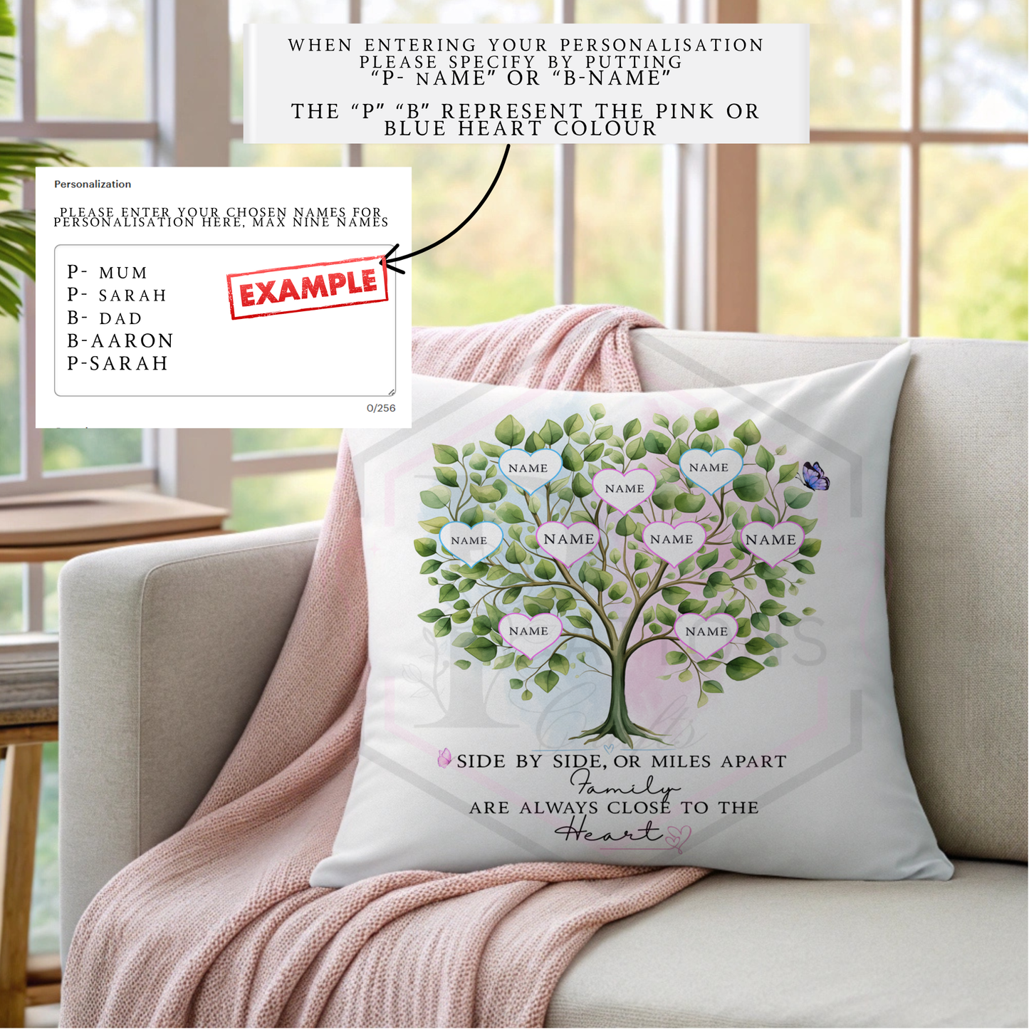Personalised Family Tree Cushion 40x40cm – Side by Side or Miles Apart