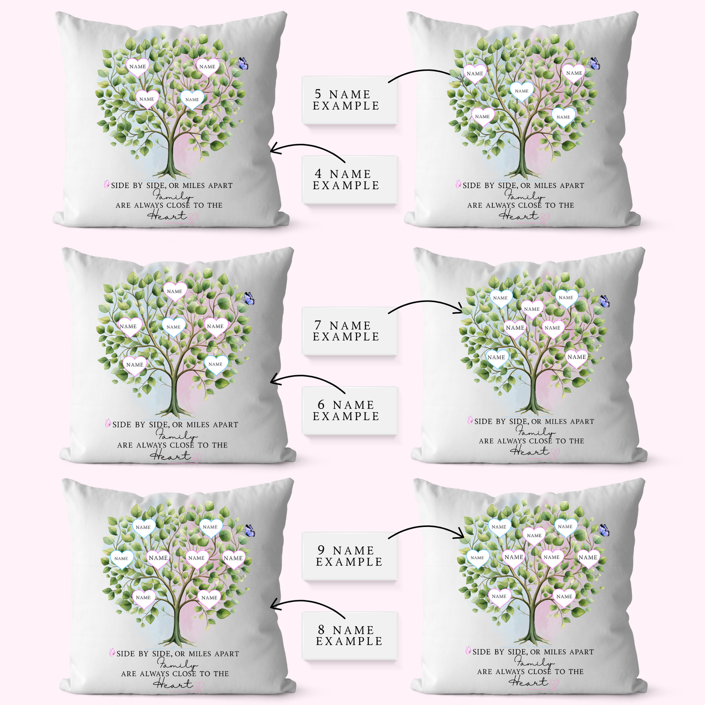 Personalised Family Tree Cushion 40x40cm – Side by Side or Miles Apart
