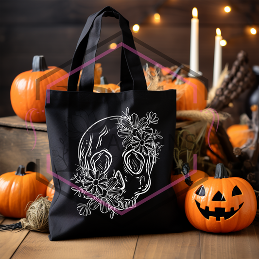 Black tote bag | Floral Skull | Reusable Shopper